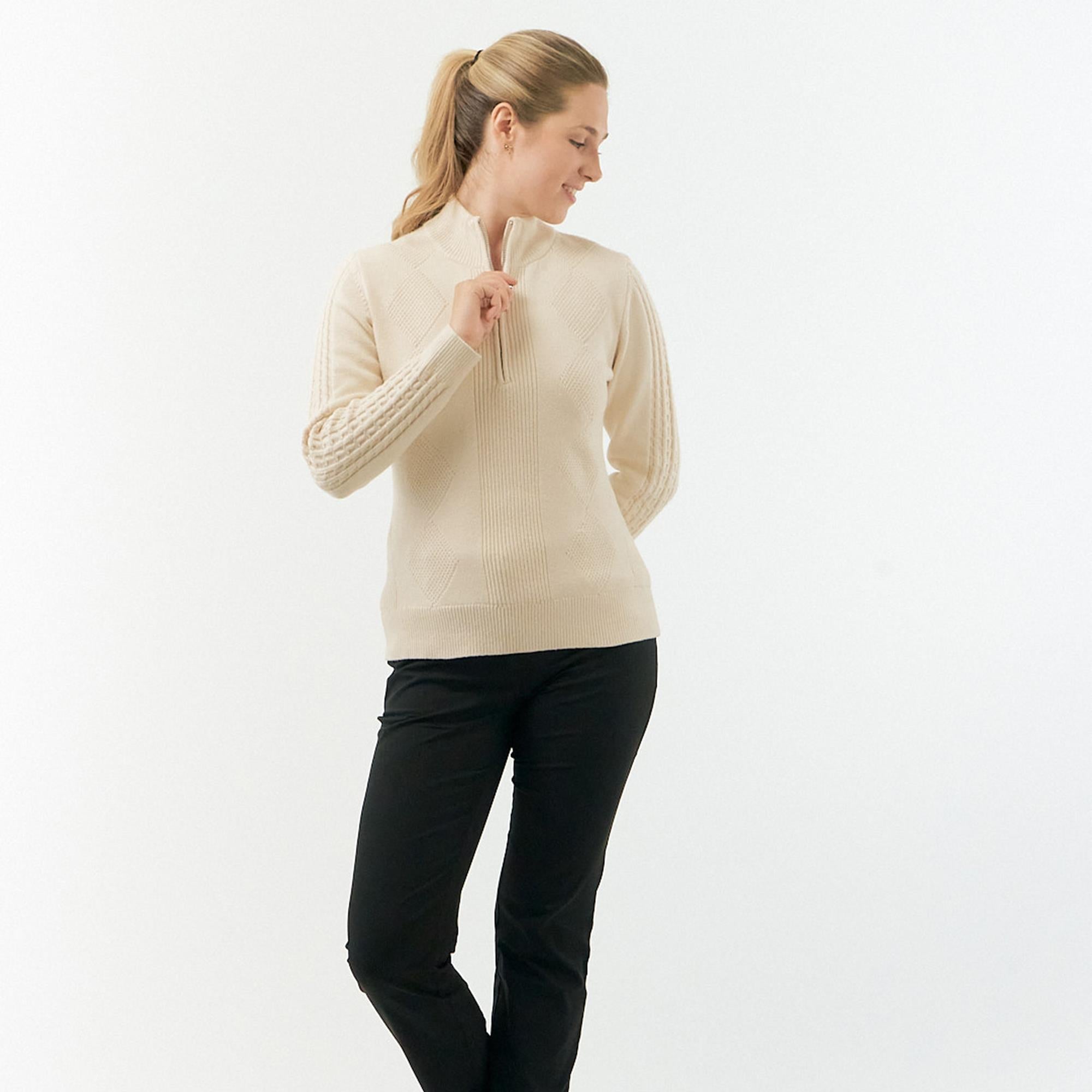 Pure Golf Sorrell Cable Knit Lined Ladies Golf Jumper Champagne